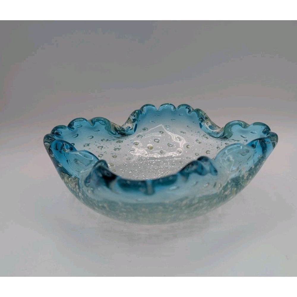 Vintage Murano Style Art Glass Bowl Aqua Blue Silver Leaf Inclusions MCM 6"